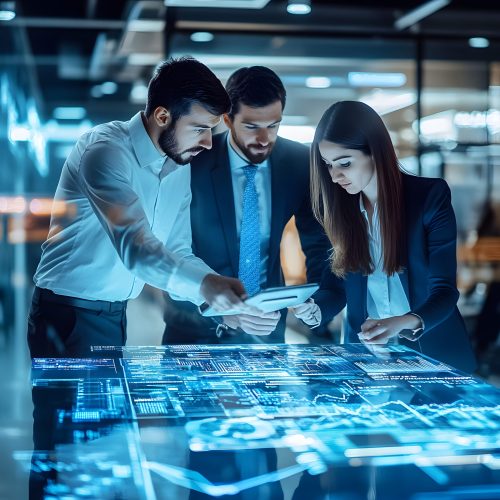 Business Team Analyzing Data on Interactive Display